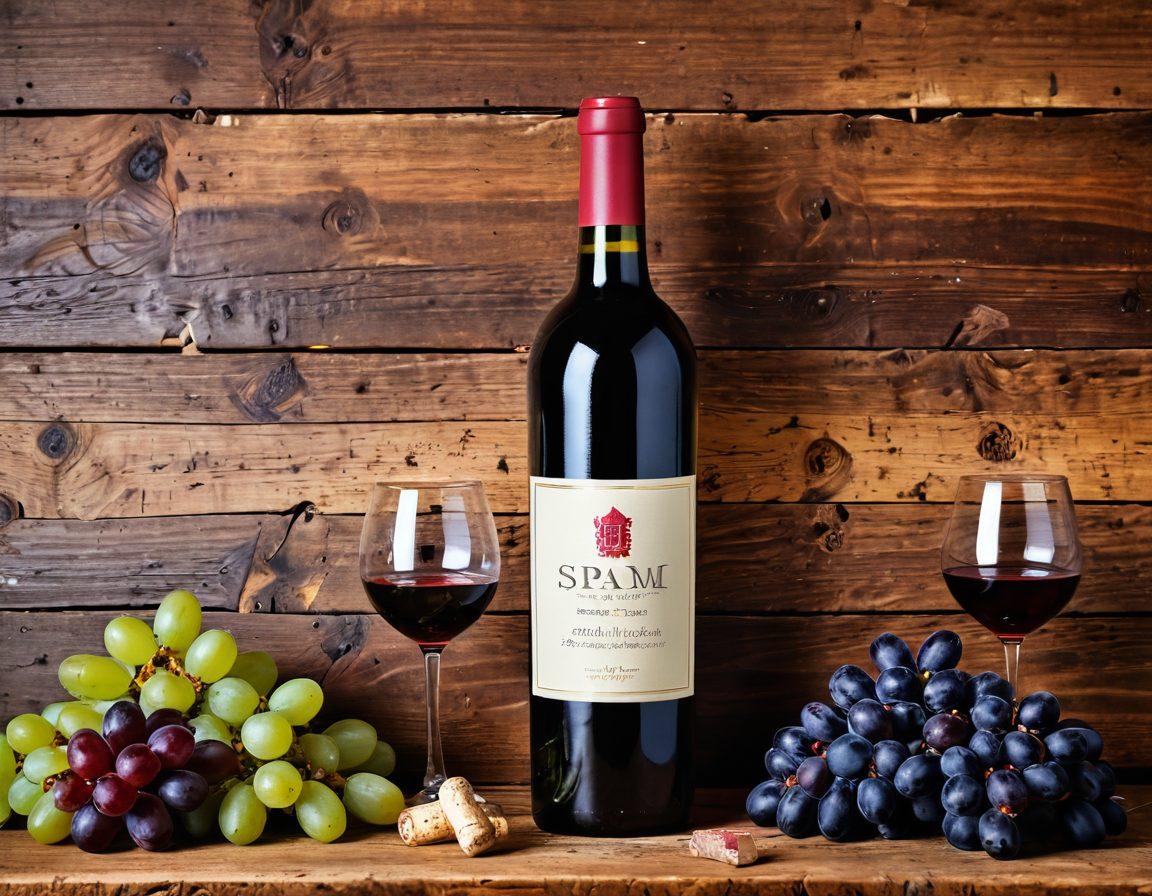 A close-up arrangement of a wine bottle with a cork partially removed, surrounded by vibrant grape clusters and anti-spam icons subtly integrated into the background, symbolizing digital marketing. The setting is a rustic wooden table to evoke a cozy winery ambiance. The overall color scheme should blend earthy tones with bright accents to emphasize both wine and technology elements. super-realistic. vibrant colors. rustic background.