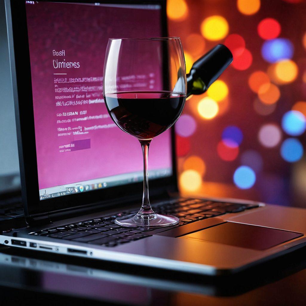 A sophisticated wine glass filled with rich, deep red wine, set against a backdrop of a sleek laptop displaying an email inbox with colorful filters categorizing wine promotions. Subtle grapevines weave through the scene, mingling with the tech elements to represent the blend of tradition and technology in wine marketing. Soft lighting highlights the elegance of the glass and the allure of the wine, evoking a sense of success and enjoyment. super-realistic. vibrant colors. soft focus.