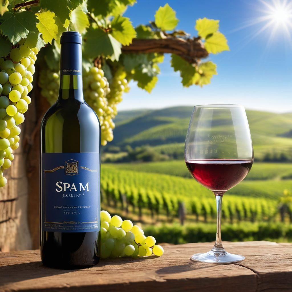 A vineyard scene featuring lush grapevines with ripe grapes hanging, interconnected with digital symbols representing spam protection (like shields or locks). In the foreground, a glistening glass of wine capturing the sunlight, contrasting with the digital elements. The background shows rolling hills under a clear blue sky. The overall mood conveys a blend of nature and technology, emphasizing the importance of spam protection in wine sales. vibrant colors. super-realistic.